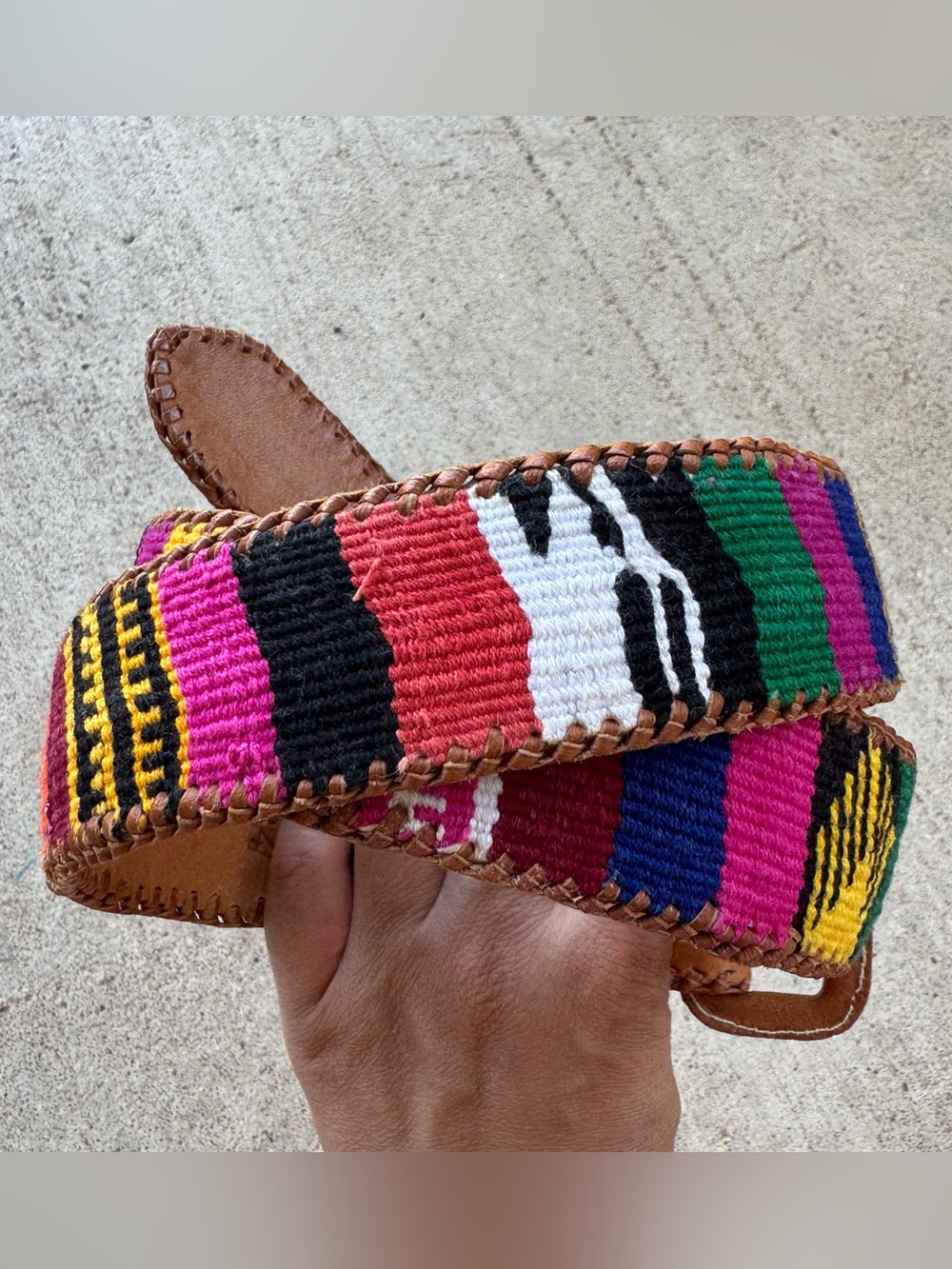 Brown Leather & Multicolor Cotton Ikat Fabric Boho Belt Size: Medium - Picture 4 of 5